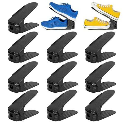 Zencantorous 10 Stück Schuhstapler, Einstellbare Schuhregale, Schuhorganizer Platzsparend, Schuhschlitze, 4 Höhenverstellbar, Platzsparend, für Aufbewahrung Sportschuhe, High Heels, Schwarz