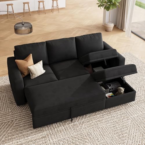Image of HONBAY Modular Sectional Sleeper Sofa with Pull Out Bed, L Shaped Couch with Storage Seat, Modular Sectional Couches for Living Room - Black