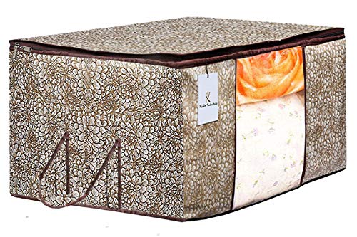 Image of Kuber Industries Flower & Leaf Printed 5 Piece Non Woven Fabric Underbed Storage Bag,Cloth Organiser,Blanket Cover with Transparent Window, Pink & Blue & Ivory Red & Golden Brown & Red -CTKTC41128
