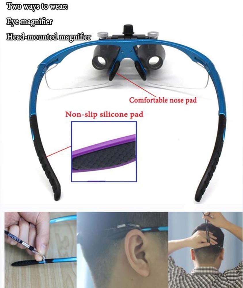Lupa, lupas dentales 3.5X, Gafas quirúrgicas para médico con luz LED, Gafas binoculares con Lupa para Dentista con práctico Estuche de Transporte, Color Azul.