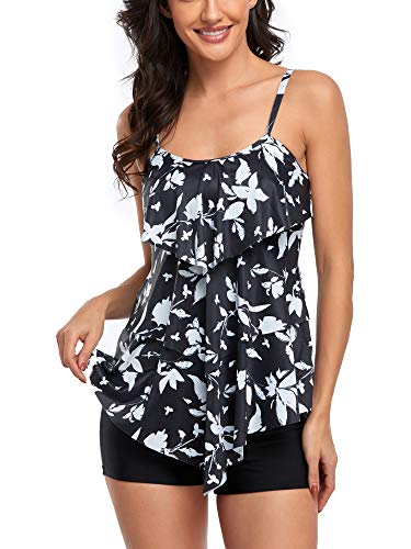 FLYILY Traje de baño tankini de 2 piezas para mujer, parte superior estampada con volantes y...