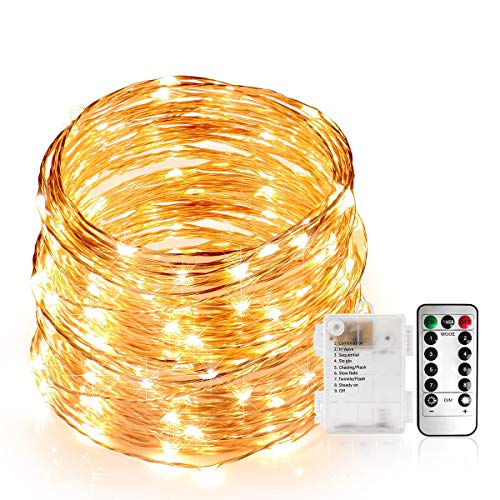 Preisvergleich Produktbild 10M Außenlichterketten, 100 LED-Lichterketten mit Batterien Warmes Licht Wasserdichter Kupferdraht mit 8 Lichtmodi, mit Fernbedienung für Heimwerkerbeleuchtung [Energieeffizienzklasse A]