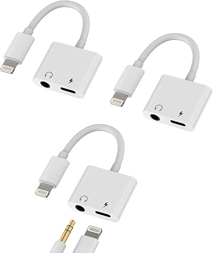 Divisor Lightning a 0.138 in (paquete de 3) Adaptador AUX para iPhone para cable de auriculares, dongle Apple MFI certificado cable de carga de