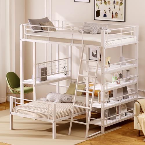 Litera con estructura de metal, 90 x 200 cm, cama multifunción con varios estantes, color blanco