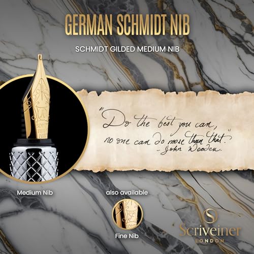 Scriveiner Silver Chrome Fountain Pen (Medium), Award Winning Luxury Heavy Pocket Pen With Real Gold Plating, Bundle with Fountain Pen Ink Cartridges - Black & Blue - 20 Standard International eac