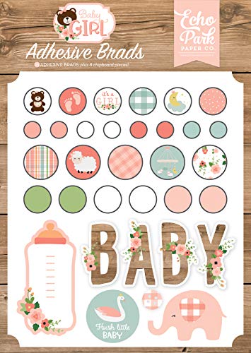 Echo Park Paper Company Baby Girl Adhesive decorative brads, pink, yellow, green, blue