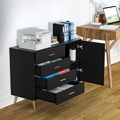 Lynsom Black Storage Cabinet With 4 Drawers, Free Standing Sideboard Cabinet With Door And Shelf, Printer Stand For Home Office, Accent Cabinet For Living Room, Bedroom, Entryway, Hallway #TOP1
