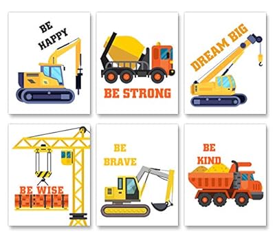 Baby Nursery Wall Decor - Construction Bulldozer Truck Art Print- Construction Inspirational Quote Wall Art-Perfect for Nursery Bedroom Decoration - Set of 6 Posters (Unframed,8"X10")