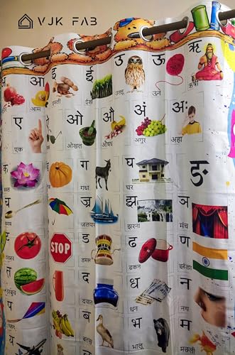 Image of 3D Printed Hindi Albhabets Design Curtains for Kids Room, School, Kids Care Home, Window, Door 4x7 feet Long Set of 2 Pc