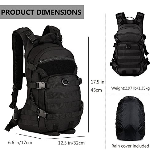 ArcEnCiel 25L Tactical Motorcycle Cycling Backpack Military Molle Pack Helmet Holder with Patch - Rain Cover Included (Black)