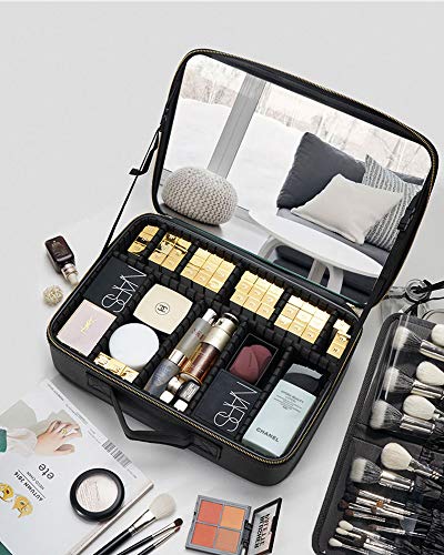 Rownyeon Makeup Case with Mirror Makeup Brush Bag 14.5inch Portable Train Cosmetic Case Organizer with Adjustable Dividers for Cosmetics Toiletry Jewelry Digital Accessories