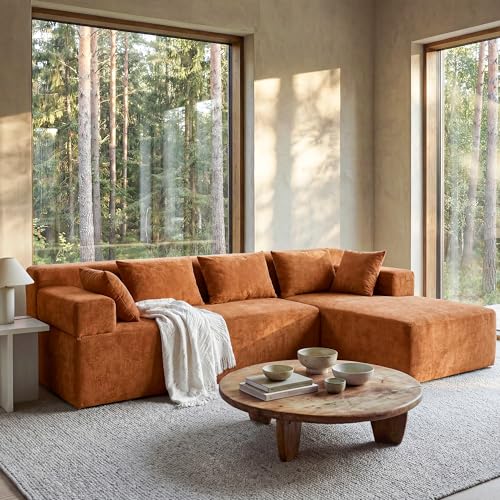 Image of MONVANE 106 inch Cloud Sectional Couch with L-Shaped Chaise, Modular Sectional Sofa with Deep Seat and Removable Armrests, Comfy Chenille Boneless Couches for Living Room, No Assembly Required, Orange