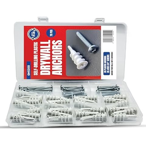 GH1200 Dry Wall Anchors and Screws Kit #8-70 PCs, Screws and Anchors Hold 75 lbs - Drill Free Drywall Anchors, 35 Wall Anchors & 35#8x1-¼″ Wall Screws - Heavy Duty & Durable Drywall Anchor Kit Cover