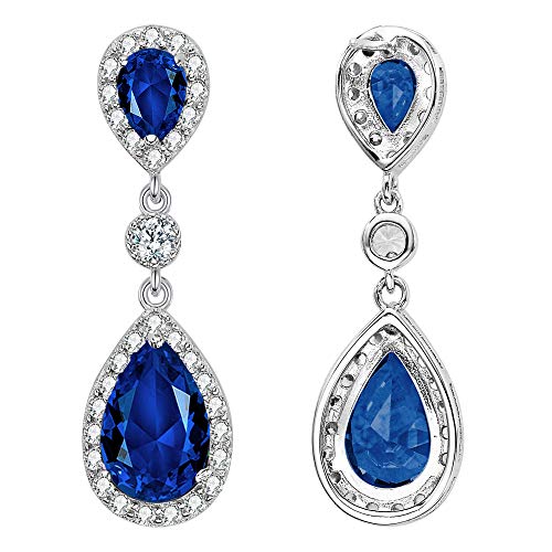 Elequeen 925 Sterling Silver Full Prong Cubic Zirconia Birthstone Teardrop Bridal Dangle Earrings Sapphire Color For Women Girls, Valentine's Day/Mother's Day/Christmas Jewelry Gift For Girlfriennd/Mom #TOP3