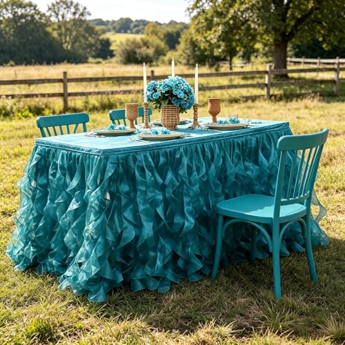 Image of Luxury Organza Mesh Table Skirt Draping Floating Romance - Perfect for Bridal Showers, Birthday Weddings - Clear Flowing Decoration for a Wonderful Main Cake Table (Peacock Blue-6ft, 72 inchLx30 inchH)