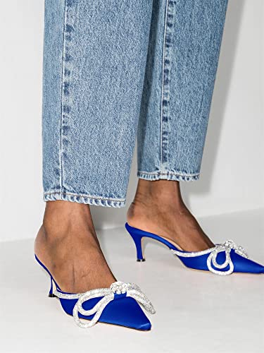 Women's Closed Pointed Toe Pumps Glitter Rhinestone Backless Heels Bowknot Low Kitten Heeled Sandals Wedding Summer Dress Shoes #TOP4