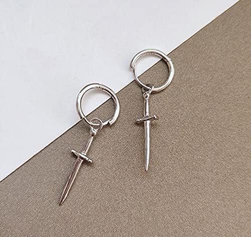 Simple Dangle Knife Small Hoop Cuff Drop Earrings for Women Men Boys Girls Personalized Sterling Silver Huggie Hinged Cute Cartilage Hypoallergenic Charm Dagger Little Hoops for Her Bff Boyfriend 9mm