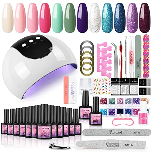 Comparativas de Kit esmaltado semipermanente de esta semana. 37 COSCELIA Kit Completo de Uñas Semipermanentes, 12 Colores de Esmalte de Uñas 8ml Esmalte de Uñas Semipermanente Soak Off, Esmalte Base y Esmalte Superior 36W Lámpara U-V/LED...