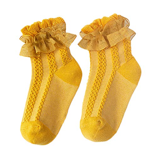 Kalaokei 1 Paar Kleinkind-Socken, reine Farbe, bequeme Tanzsocken mit Rüschen, Strümpfe für Zuhause, Mädchen, Spitze, Prinzessin-Socken, gelb, Größe M Cover