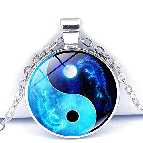 Saidian 2 Pcs Fashion Yin Yang Necklaces Glass Pendant Dragon Moon Pattern Chakra Pendants Silver Cabochon Glass Necklace Sweater Long Chain #TOP2