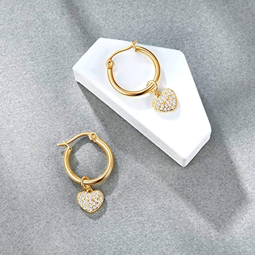 Heart Charms Huggie Hoop Earrings For Women, Dangle Hoops For Teen Girls, 14K Gold Plated With Cubic Zirconia (14K Gold Heart Charm) #TOP4