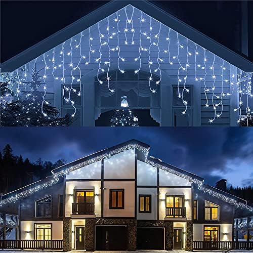 Jane Choi Icicle Lights Outdoor, 50ft 600 LEDs Fairy with Remote &Timer, 4 Types Brightness 8 Models Christmas String 33ft Cables for Decoration, White (SW-LSL-12XX-138)