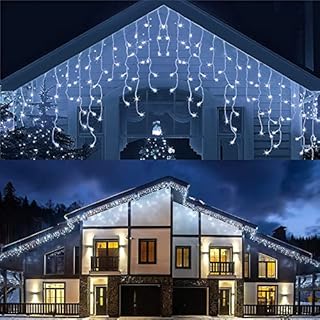 Jane Choi Icicle Lights Outdoor, 50ft 600 LEDs Fairy with Remote &Timer, 4 Types Brightness 8 Models Christmas String 33ft Cables for Decoration, White (SW-LSL-12XX-138)