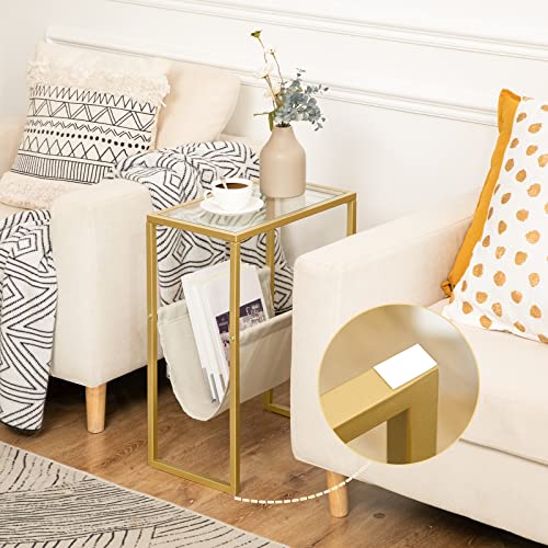 HOOBRO Beistelltisch Schmal, Nachttisch mit Zeitschriftenschlinge aus Stoff und Glasplatte, Geeignet für Kleine Räume, Gold EGD66BZ01