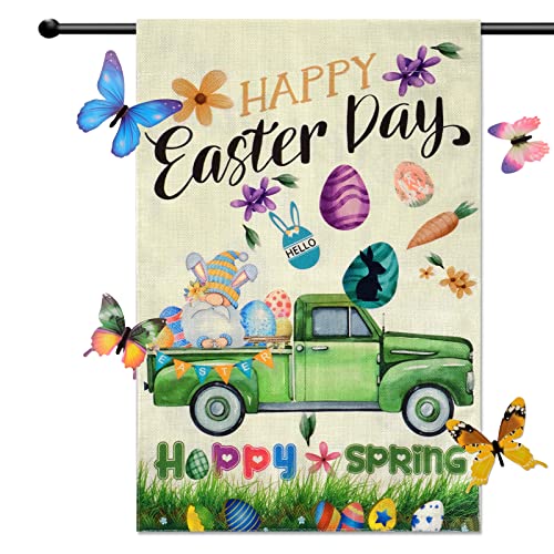 Drapeau de Pâques - Impression double face - Motif : joyeux Pâques - 98 cm x 68 cm - Drapeau de jardin pour printemps et Pâques - Avec 12 papillons lumineux en 3D pour la maison, le jardin Cover