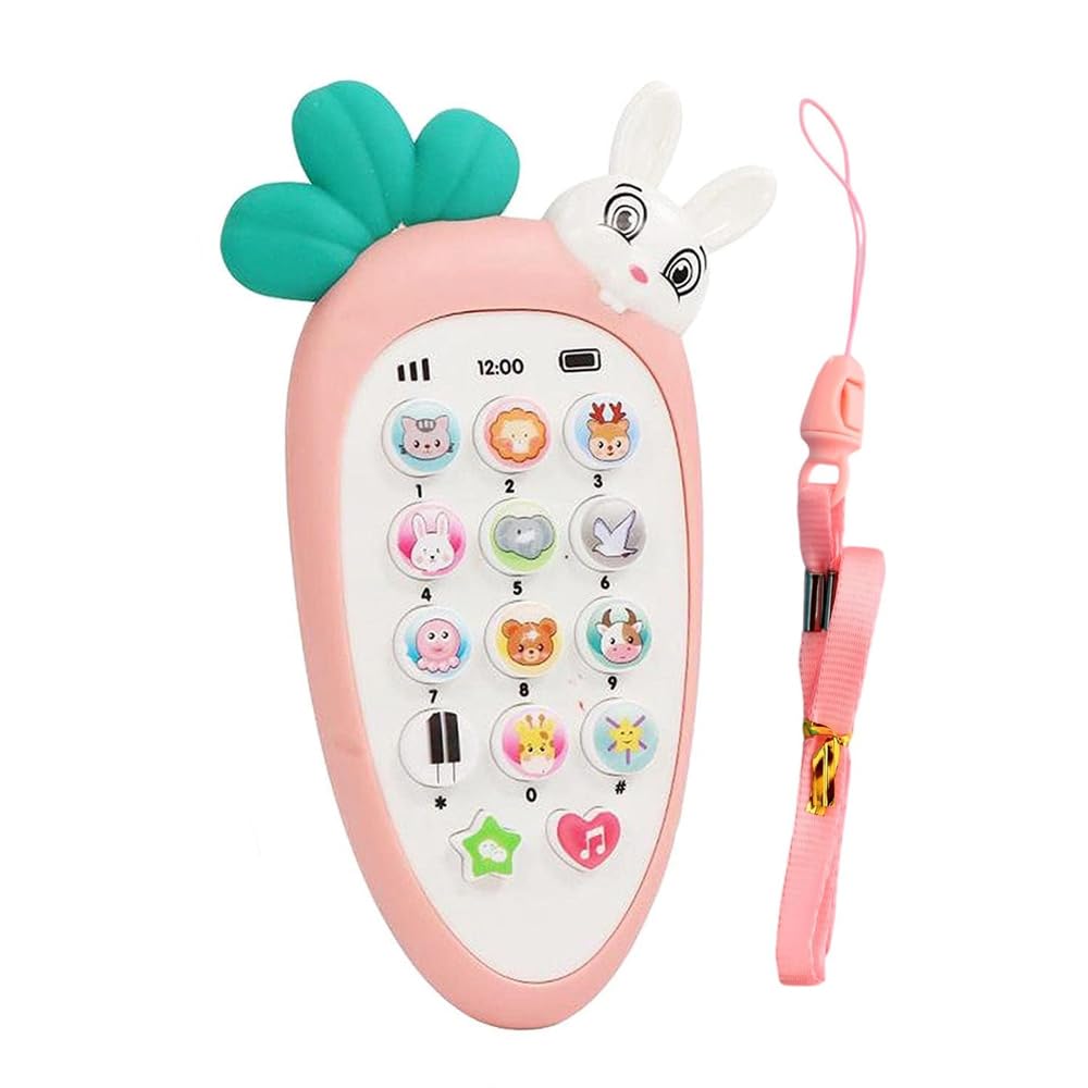 PARTEET Cute Carrot Shaped Pretend Play Musical Cell Phone Toy for Kids Toddlers with Music, Ringtones, Lights - Birthday Party Favors and Gifts for Girls (Battery Not Included) (Pink)
