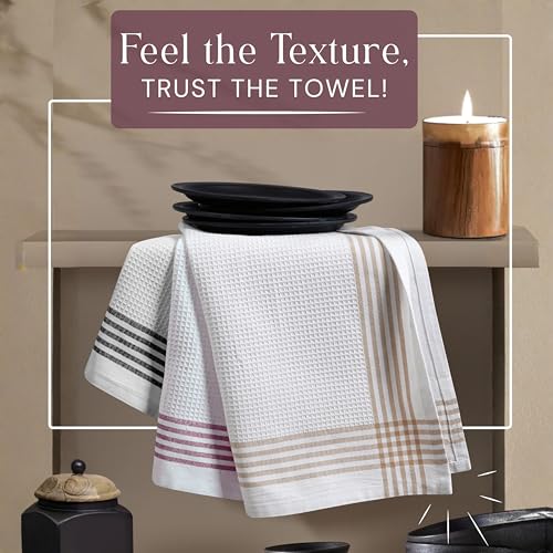 Image of Waffle White & Multi Colors Kitchen Towels 12 Pack, 100% Cotton, 16x26 inches, Durable Dish Towel, Quick Dry Dishcloths, Ideal for Drying, Wiping - Beige, Black, Burgundy Wine
