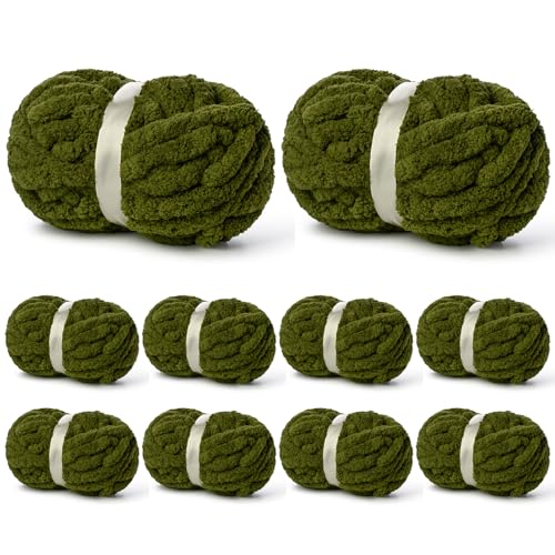 10 Pack of Olive Green Soft Jumbo Chunky Yarn for Hand Knitting Thick Blanket Yarn for Crocheting #10 Super Bulky Yarns 220yds/70.5oz Fluffy Chunky Chenille Yarns for Crocheting.