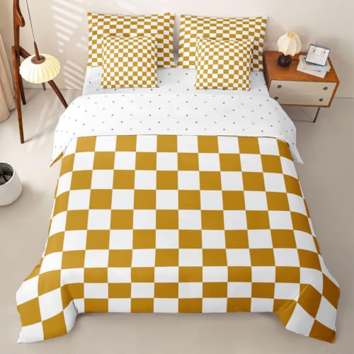Loussiesd Juego de funda de edredón a cuadros naranja y blanco, tamaño doble, 7 piezas, diseño geométrico de cuadrícula para niños y niñas, cama a cuadros en una bolsa, con funda de edredón, sábanas
