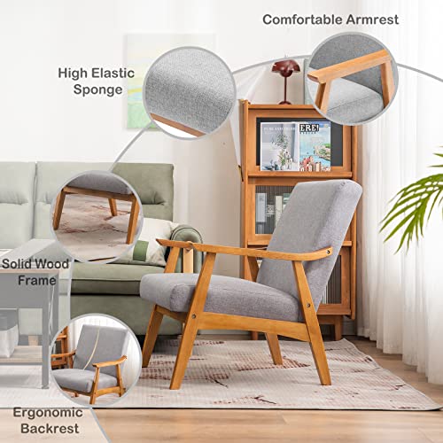 Ssline Mid-Century Modern Accent Chair,Leisure Chair With Solid Wood Armrest And Feet,Linen Fabric Reading Armchair Accent Sofa For Living Room Bedroom Studio (Type-1,Light Grey) #TOP4