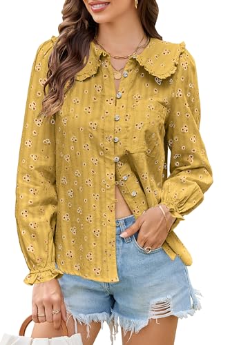 ECOWISH Women's Long Sleeve Shirts - Peter Pan Collar Button Down Blouse Dressy Casual Puff Cotton Elegant Fall Tops 3461 Yellow Medium - image 1