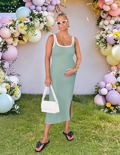 Image of ZESICA Women's 2026 Summer Casual Sleeveless Bodycon Midi Dress | Square Neck, Side Slit, Ribbed Knit Long Tank Dresses, Bump Friendly, Maternity, Beach Vacation Baby Shower Date Night Outfit