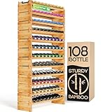NutriChef Bamboo Stackable Wine Rack, 12-Tier 108 Bottle Capacity Free Standing Floor, No Tools Assembly, Modular Storage Display Shelf for Kitchen and Cellar 33.5' x 10' x 62.75'
