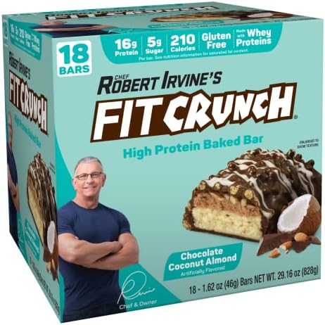 FITCRUNCH Snack Size Protein Bars, 6-Layer Baked Bar, 5g of Sugar & Soft Cake Core (18 Bars, Chocolate Coconut Almond)