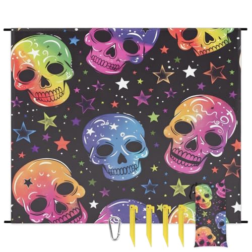 Eabrults Waterproof Sandproof Beach Blanket, 59''×68'' Skull Head Polyester Outdoor Picnic Blanket with 4 Stakes & Storage Bag for Beach,Camping,Vacation Black Background