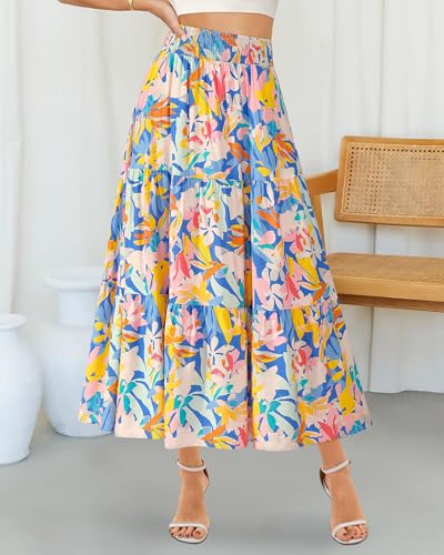 BTFBM Skirts for Women Summer 2026 Floral Print A Line Elastic High Waist Boho Maxi Skirt Spring Fashion Clothing Pocket(Floral Multicolour, Large) — view 2