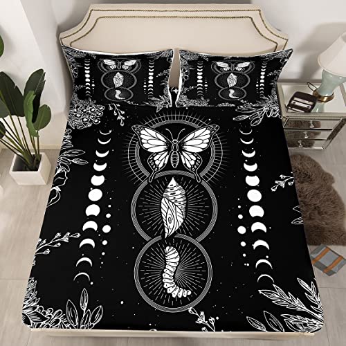 Erosebridal Boho Butterfly Bed Sheets Twin,Moon Phase Sheet Sets Black White Florals Sheets Starry Sky Fitted Sheet Galaxy Butterfly Flat Sheet,Botanical Plants Bedding 3Pcs With 1 Pillowcase Cozy #TOP1