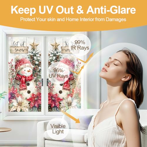 Image of Farmhouse Snowman Poinsettia Window Film 17.32x39.37in Cling