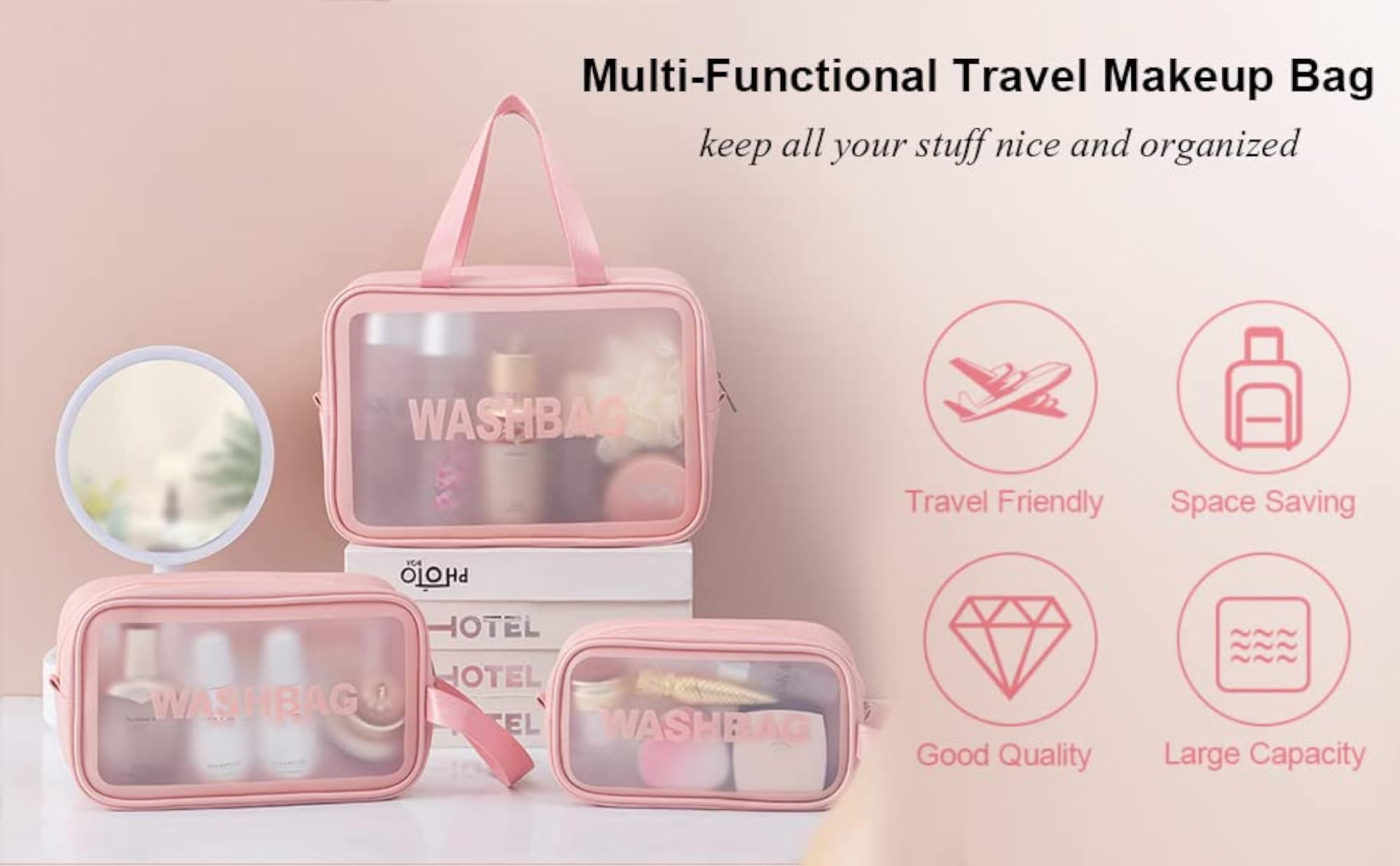 3 PCS Transparent Wash Bag Set, Waterproof Toiletry Organiser
