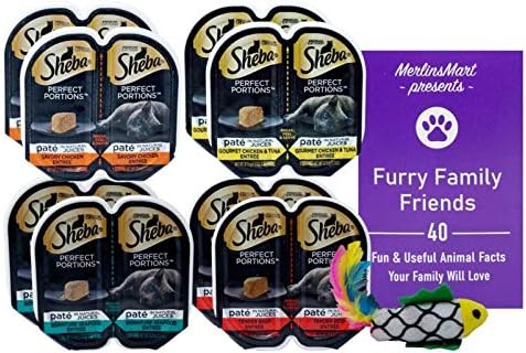 Sheba Perfect Portions Pate Cat Food 4 Flavor 8 Can Variety Sampler, (2) Each: Chicken, Chicken Tuna, Seafood, Beef (2.6 Ounces) - Plus Catnip Toy and Fun Facts Booklet Bundle