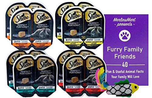 Sheba Perfect Portions Pate Cat Food 4 Flavor 8 Can Variety Sampler, (2) Each: Chicken, Chicken Tuna, Seafood, Beef (2.6 Ounces) - Plus Catnip Toy And Fun Facts Booklet Bundle #TOP1