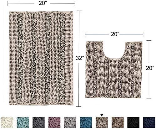 GAEA.TEX Extra Thick Luxury Striped Chenille 2 Pieces Bathroom Bath Rugs Set, Soft Absorbent Shaggy U Shaped Toilet Floor mat, Washable Plush Carpet for Bedroom (20" x 32"+U 20" x 20", Khaki)