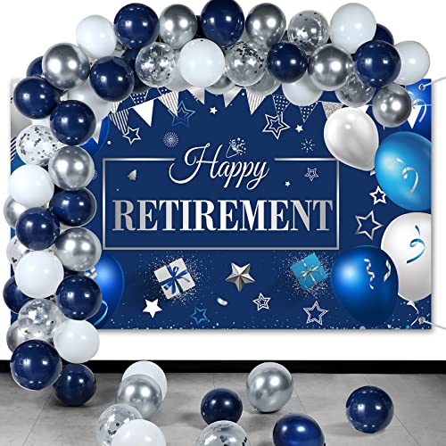 Retirement Party Decorations Include Navy Blue Confetti Balloons Set Happy Retirement Party Photography Backdrop Banner For Men Women Retirement Party Supplies Decor(Navy Blue And Silver) #TOP22