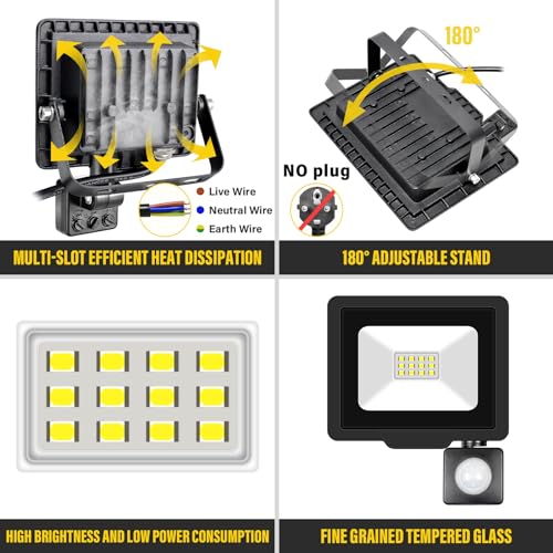 RIGIDON 2 Pcs PIR Motion Sensor Outdoor Security Light, 10W 1000 Lumens Outside Led Floodlight - Image 3