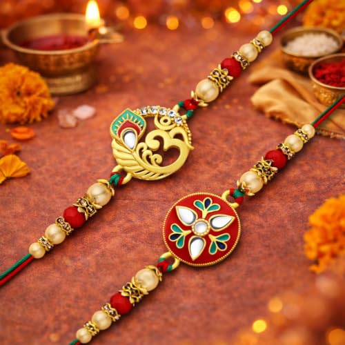 Image of Riddhika Ventures Glorious Gold Plated Religious Diamond Ring Rakhi || Traditional Rakhi Set of 2 & Festive Gift || Rakhi Gift Combo for Brother