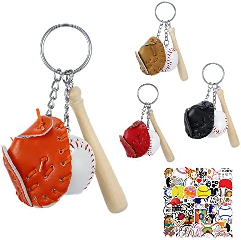ZERRIOY 4 Set Baseball Keychain 50 Pcs Baseball Stickers Softball for Helmets Sports Party Anxiety Relief Souvenirs Baseball Wood Bat DIY Writing and Doodling Gifts for Teens Boys Girls Softball Fans